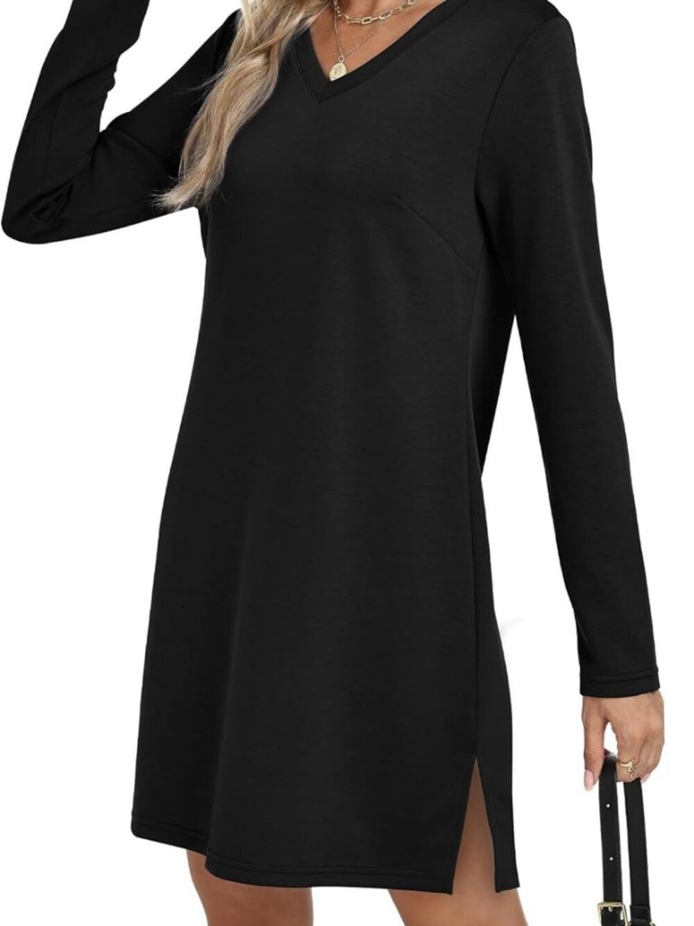 Dresses for Women 2025 Casual Long Sleeve V Neck Tshirt Dress Side Split Fashion - Picture 2 of 5